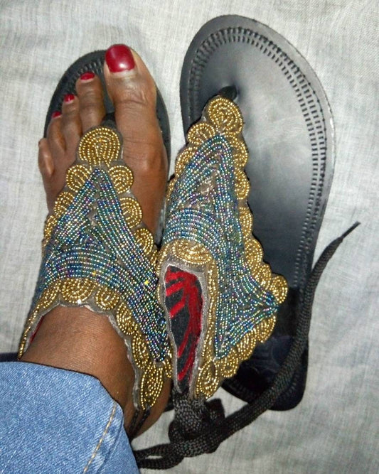 Handmade African Beaded Sandals/Authentic Maasai-Style Leather Flip-Flops Women/Boho Beach Sandals/Comfortable Summer Sandal African Gifts