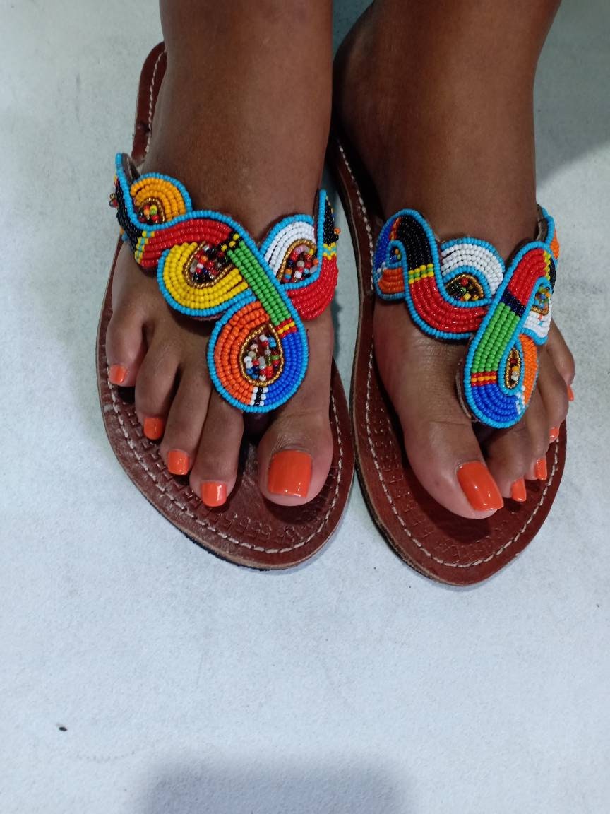 Handmade African Beaded Sandals/Authentic Maasai-Style Leather Flip-Flops Women/Boho Beach Sandals/Comfortable Summer Sandal African Gifts