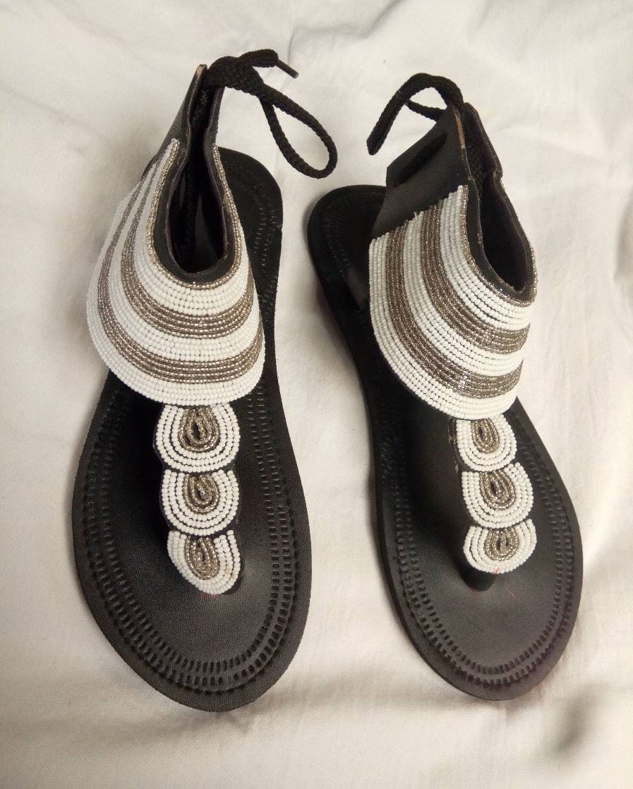 Handmade African Beaded Sandals/Authentic Maasai-Style Leather Flip-Flops Women/Boho Beach Sandals/Comfortable Summer Sandal African Gifts