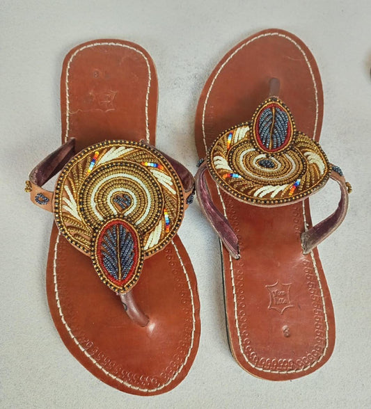 Handmade African Beaded Sandals/Authentic Maasai-Style Leather Flip-Flops Women/Boho Beach Sandals/Comfortable Summer Sandal African Gifts