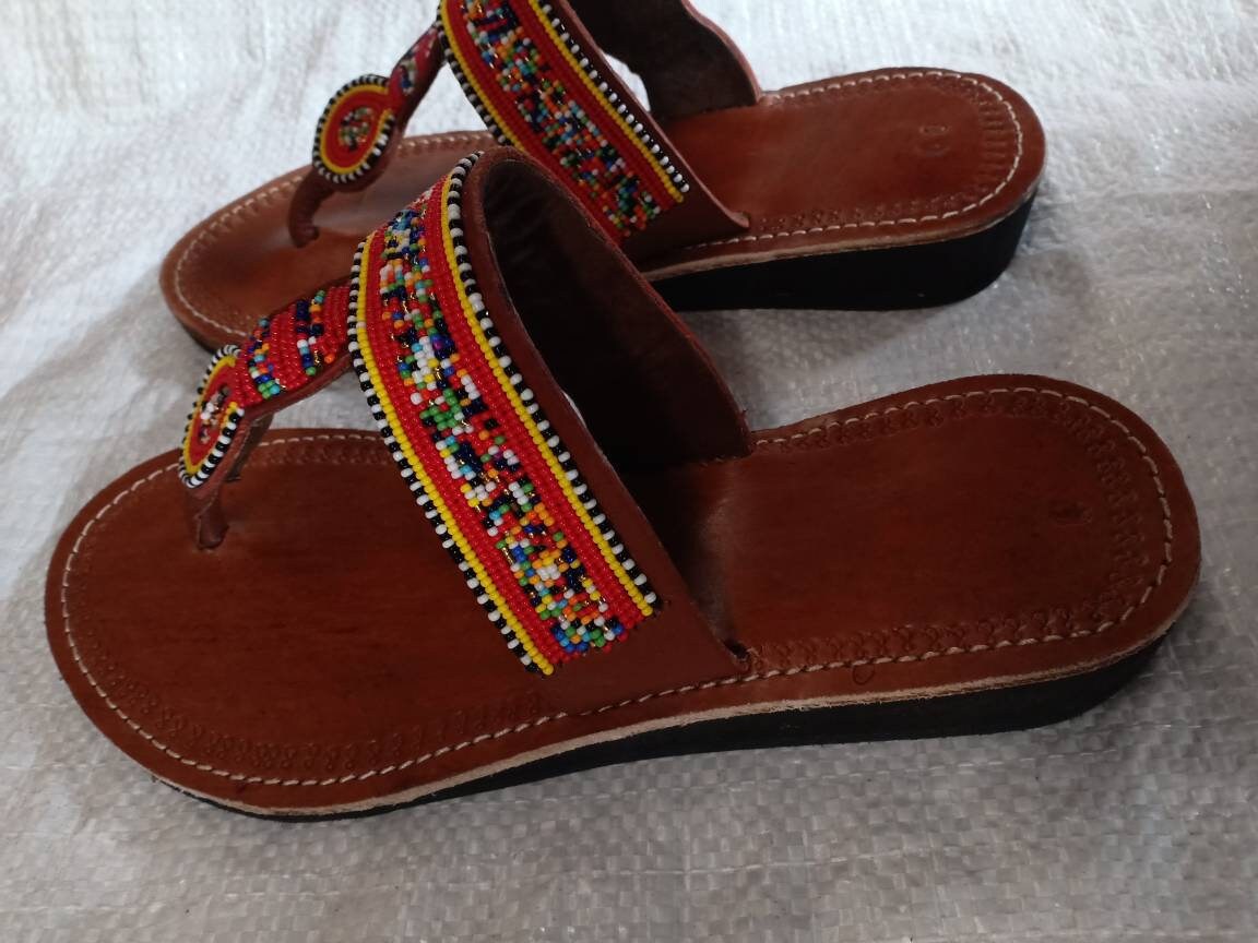 Handmade African Beaded Sandals/Authentic Maasai-Style Leather Flip-Flops Women/Boho Beach Sandals/Comfortable Summer Sandal African Gifts