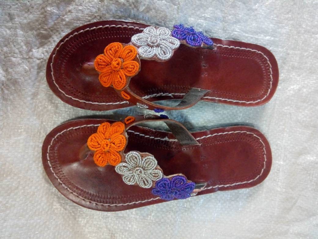 Handmade African Beaded Sandals/Authentic Maasai-Style Leather Flip-Flops Women/Boho Beach Sandals/Comfortable Summer Sandal African Gifts