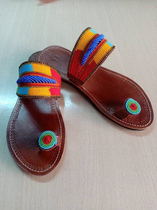 Handmade African Beaded Sandals/Authentic Maasai-Style Leather Flip-Flops Women/Boho Beach Sandals/Comfortable Summer Sandal African Gifts