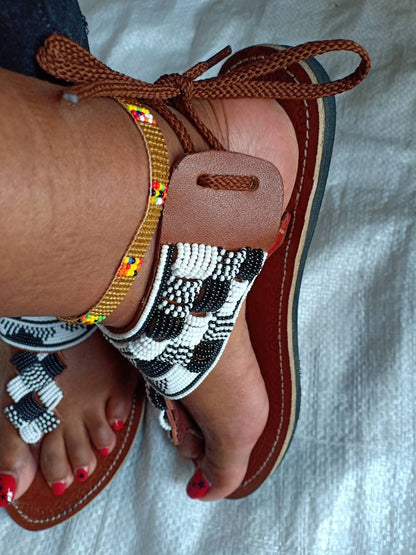 Handmade African Beaded Sandals/Authentic Maasai-Style Leather Flip-Flops Women/Boho Beach Sandals/Comfortable Summer Sandal African Gifts