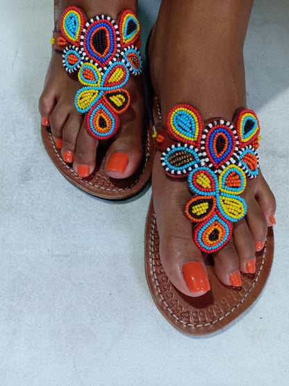 Handmade African Beaded Sandals/Authentic Maasai-Style Leather Flip-Flops Women/Boho Beach Sandals/Comfortable Summer Sandal African Gifts