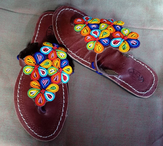 Handmade African Beaded Sandals/Authentic Maasai-Style Leather Flip-Flops Women/Boho Beach Sandals/Comfortable Summer Sandal African Gifts