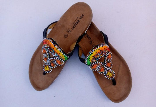 Handmade African Beaded Sandals/Authentic Maasai-Style Leather Flip-Flops Women/Boho Beach Sandals/Comfortable Summer Sandal African Gifts