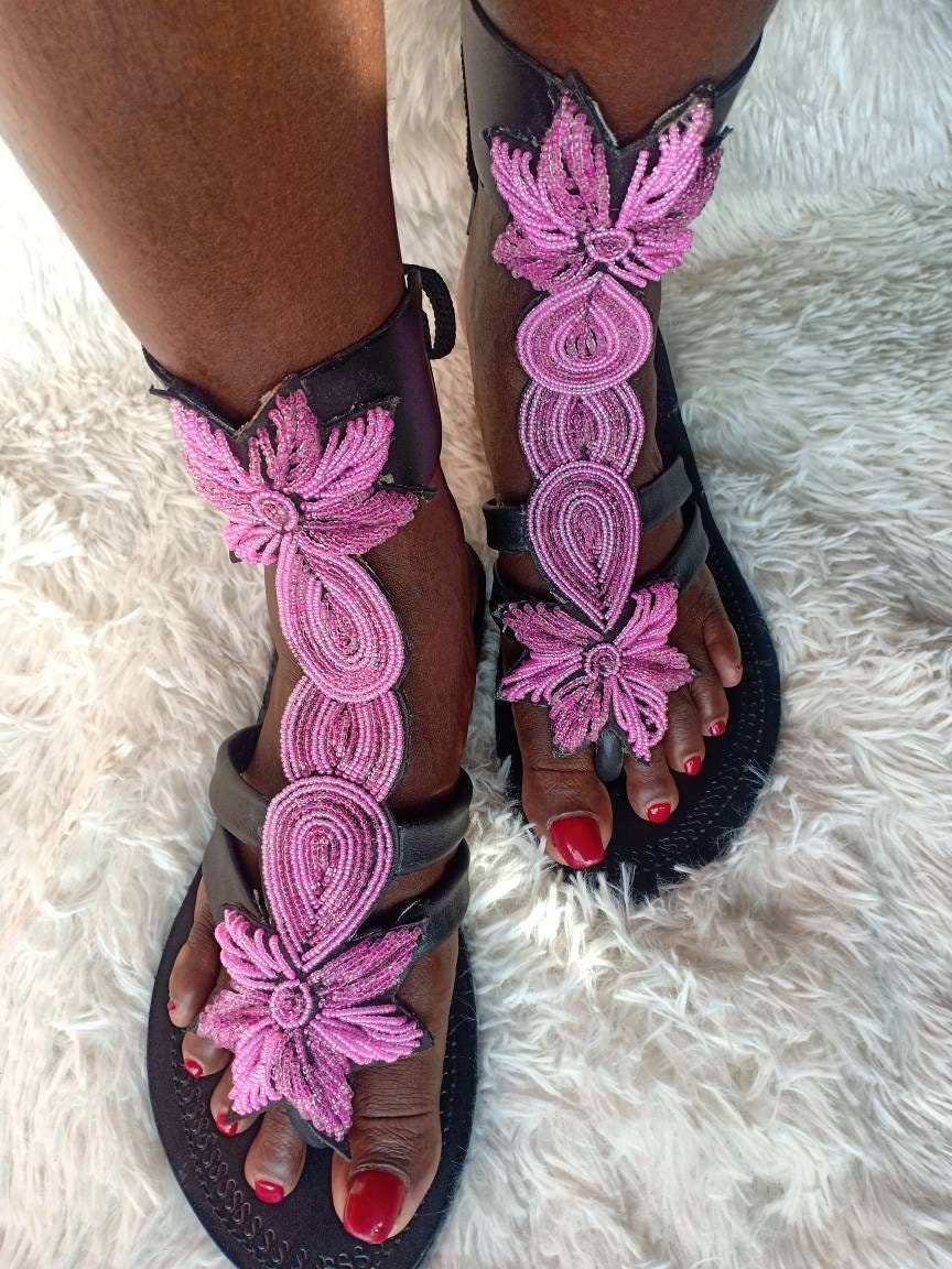 Handmade African Beaded Sandals/Authentic Maasai-Style Leather Flip-Flops Women/Boho Beach Sandals/Comfortable Summer Sandal African Gifts