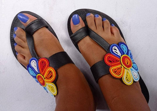 Handmade African Beaded Sandals/Authentic Maasai-Style Leather Flip-Flops Women/Boho Beach Sandals/Comfortable Summer Sandal African Gifts