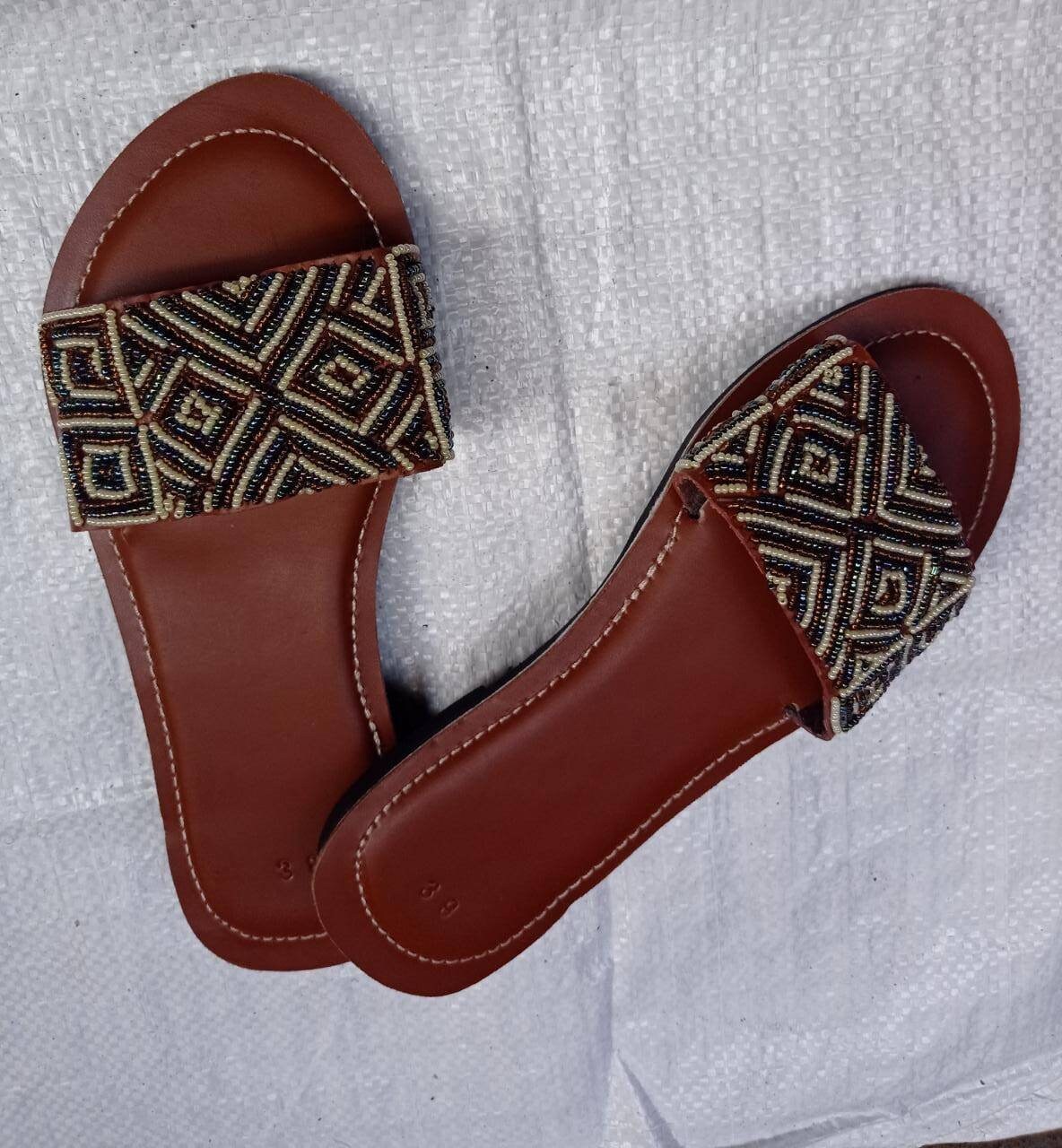 Handmade African Beaded Sandals/Authentic Maasai-Style Leather Flip-Flops Women/Boho Beach Sandals/Comfortable Summer Sandal African Gifts