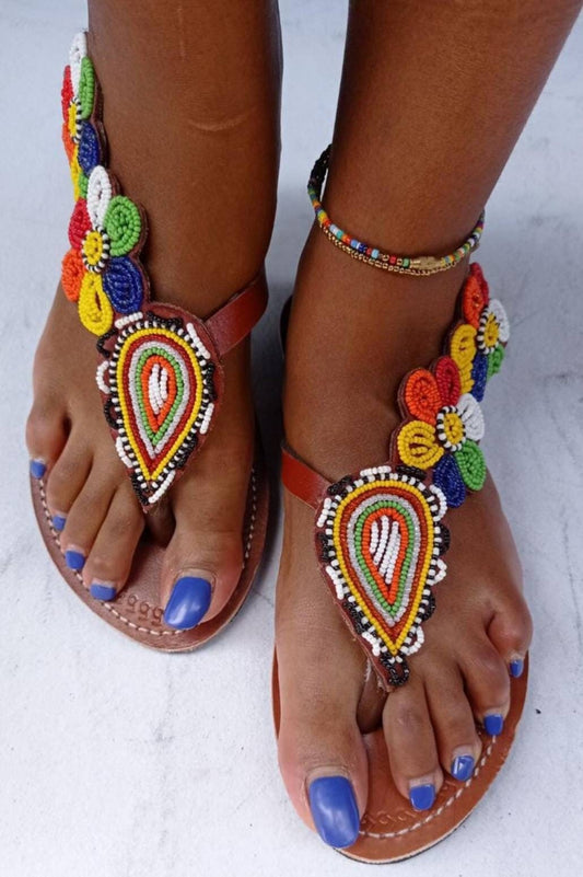 Handmade African Beaded Sandals/Authentic Maasai-Style Leather Flip-Flops Women/Boho Beach Sandals/Comfortable Summer Sandal African Gifts