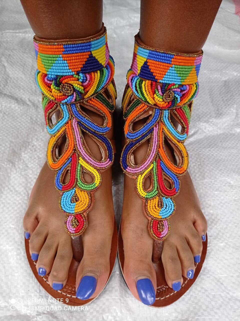 Handmade African Beaded Sandals/Authentic Maasai-Style Leather Flip-Flops Women/Boho Beach Sandals/Comfortable Summer Sandal African Gifts