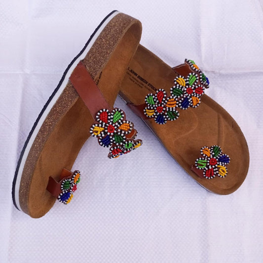 Handmade African Beaded Sandals/Authentic Maasai-Style Leather Flip-Flops Women/Boho Beach Sandals/Comfortable Summer Sandal African Gifts