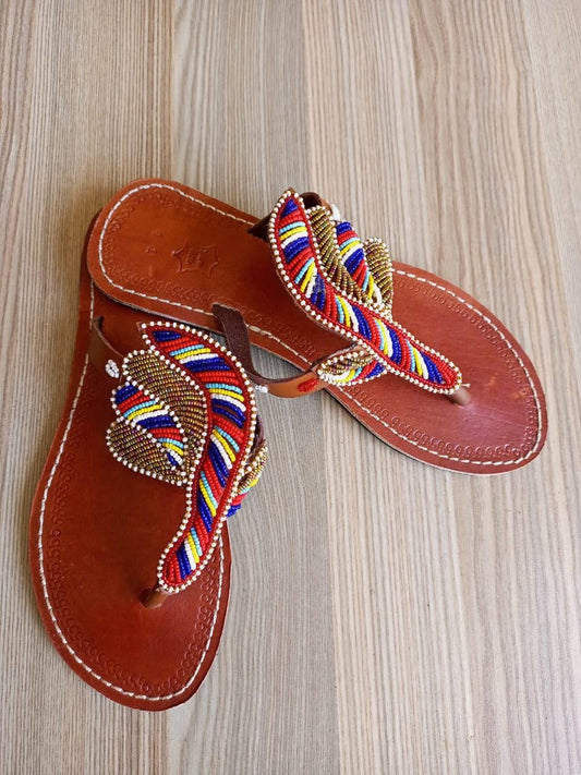 Handmade African Beaded Sandals/Authentic Maasai-Style Leather Flip-Flops Women/Boho Beach Sandals/Comfortable Summer Sandal African Gifts