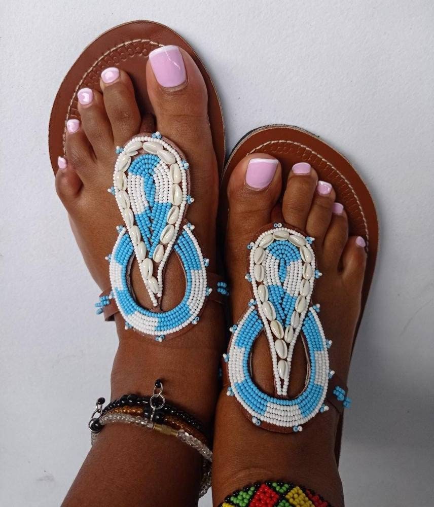 Handmade African Beaded Sandals/Authentic Maasai-Style Leather Flip-Flops Women/Boho Beach Sandals/Comfortable Summer Sandal African Gifts