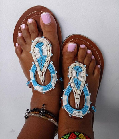Handmade African Beaded Sandals/Authentic Maasai-Style Leather Flip-Flops Women/Boho Beach Sandals/Comfortable Summer Sandal African Gifts