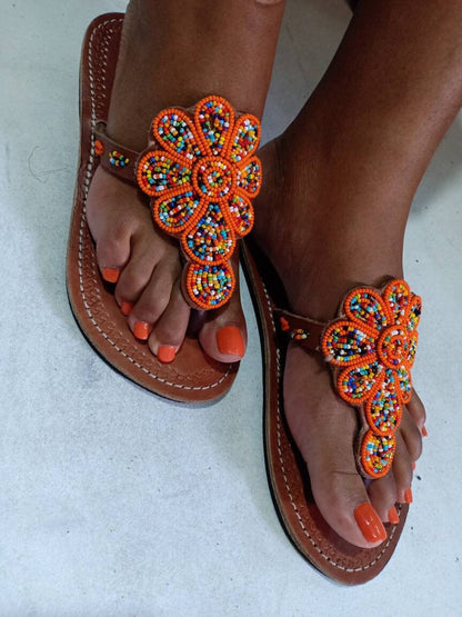 Handmade African Beaded Sandals/Authentic Maasai-Style Leather Flip-Flops Women/Boho Beach Sandals/Comfortable Summer Sandal African Gifts