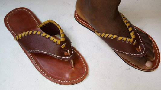 Handmade African Men's Sandals/Genuine Leather Beaded Flip-Flops/Comfortable Summer Sandals for Men/African Shoes/Unique Gift for Him