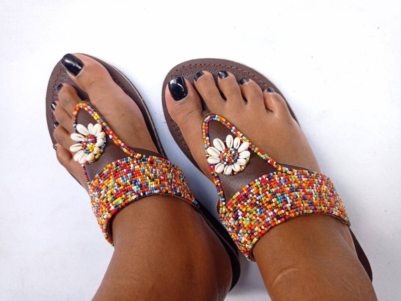 Handmade African Beaded Sandals/Authentic Maasai-Style Leather Flip-Flops Women/Boho Beach Sandals/Comfortable Summer Sandal African Gifts