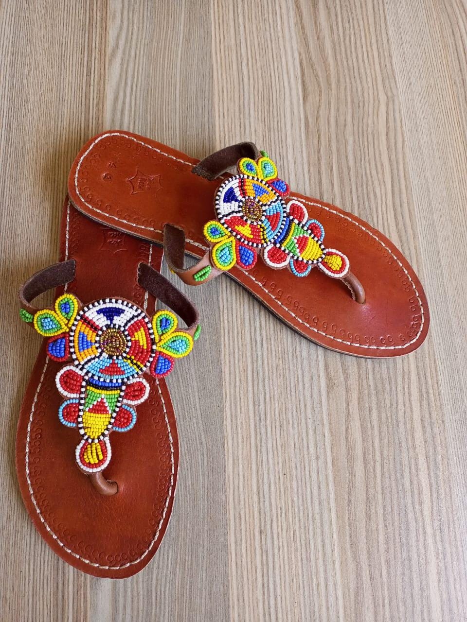 Handmade African Beaded Sandals/Authentic Maasai-Style Leather Flip-Flops Women/Boho Beach Sandals/Comfortable Summer Sandal African Gifts