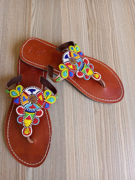 Handmade African Beaded Sandals/Authentic Maasai-Style Leather Flip-Flops Women/Boho Beach Sandals/Comfortable Summer Sandal African Gifts
