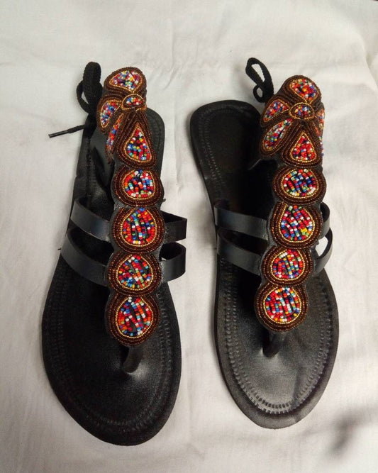 Handmade African Beaded Sandals/Authentic Maasai-Style Leather Flip-Flops Women/Boho Beach Sandals/Comfortable Summer Sandal African Gifts