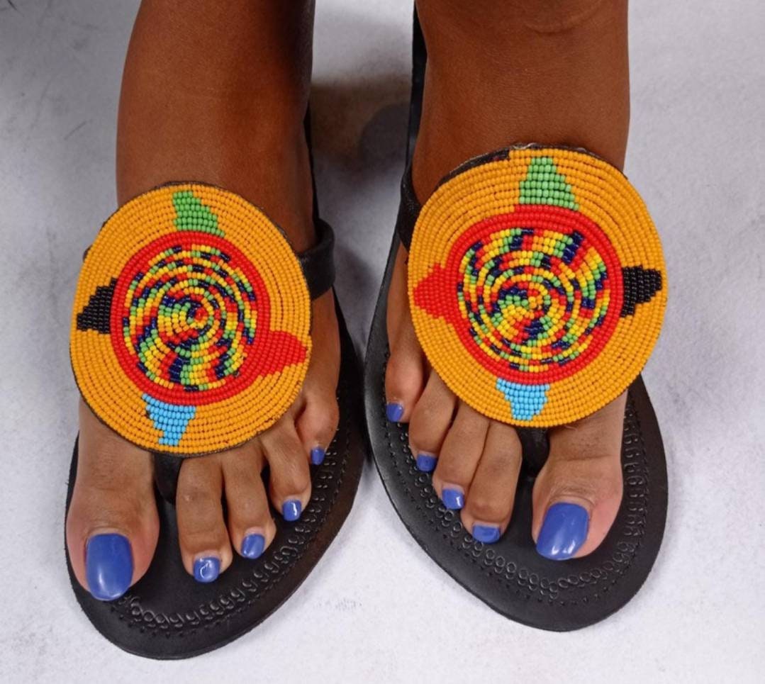 Handmade African Beaded Sandals/Authentic Maasai-Style Leather Flip-Flops Women/Boho Beach Sandals/Comfortable Summer Sandal African Gifts