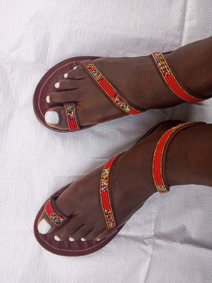 Handmade African Beaded Sandals/Authentic Maasai-Style Leather Flip-Flops Women/Boho Beach Sandals/Comfortable Summer Sandal African Gifts