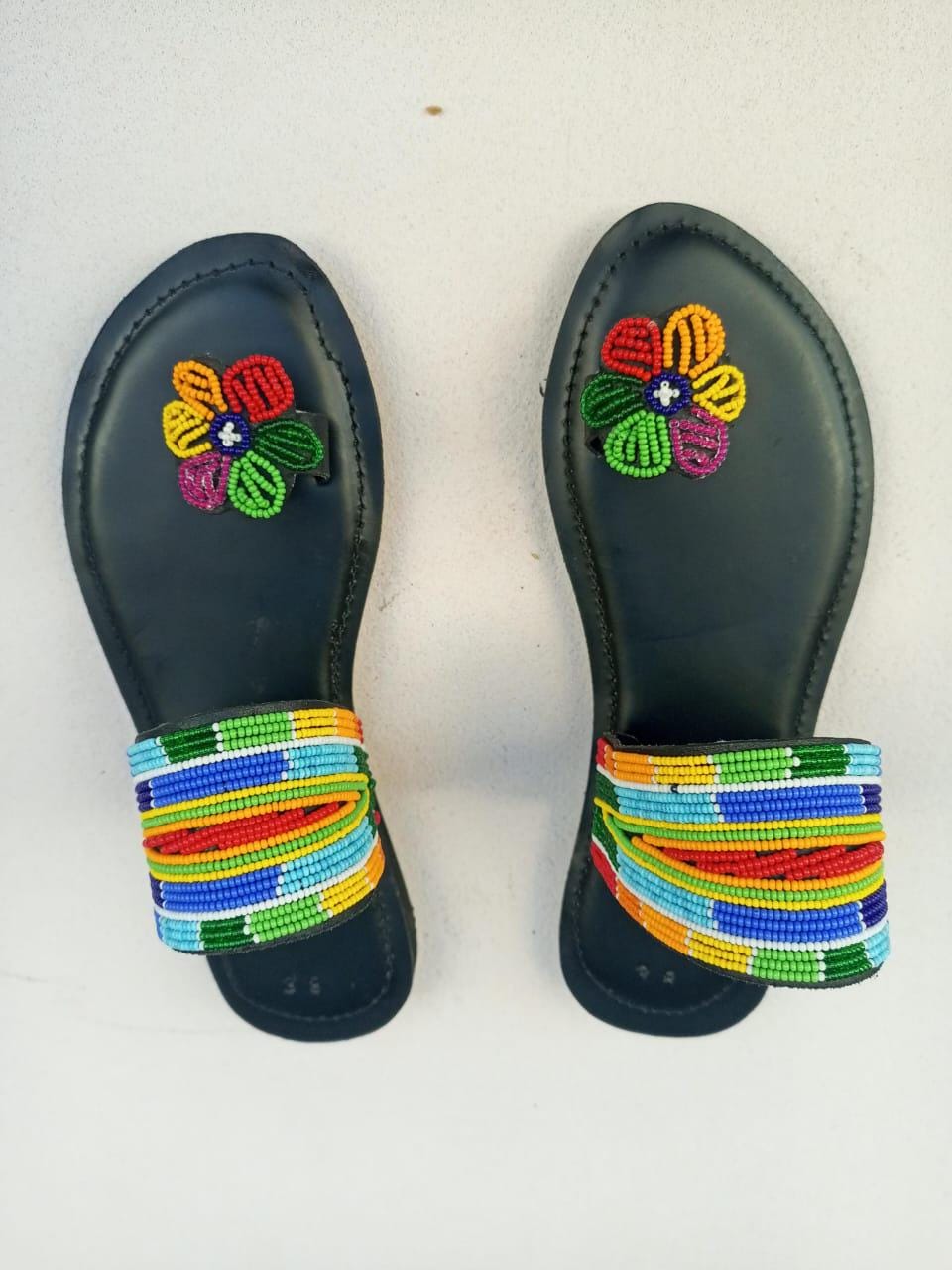 Handmade African Beaded Sandals/Authentic Maasai-Style Leather Flip-Flops Women/Boho Beach Sandals/Comfortable Summer Sandal African Gifts