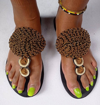 Handmade African Beaded Sandals/Authentic Maasai-Style Leather Flip-Flops Women/Boho Beach Sandals/Comfortable Summer Sandal African Gifts