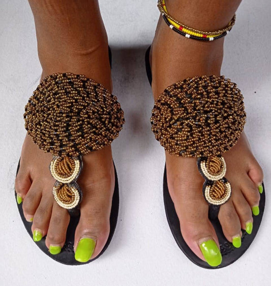 Handmade African Beaded Sandals/Authentic Maasai-Style Leather Flip-Flops Women/Boho Beach Sandals/Comfortable Summer Sandal African Gifts