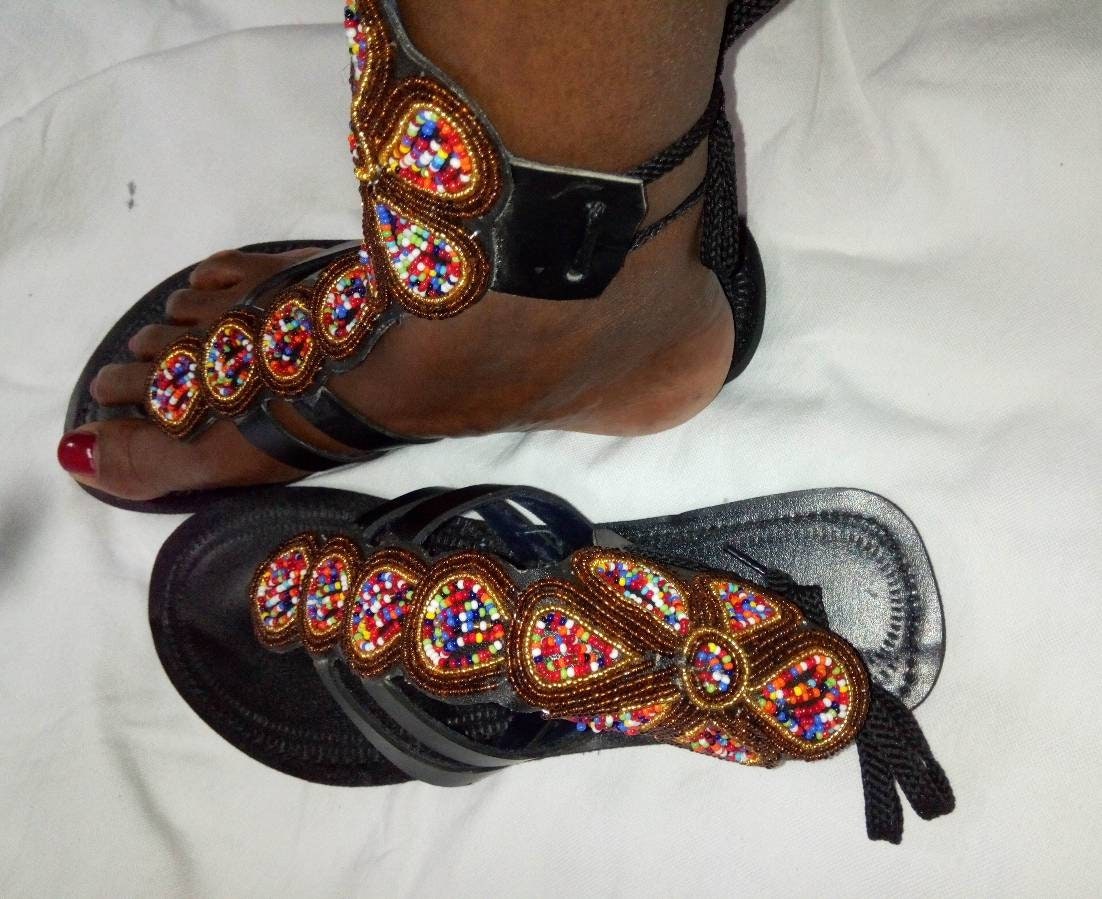 Handmade African Beaded Sandals/Authentic Maasai-Style Leather Flip-Flops Women/Boho Beach Sandals/Comfortable Summer Sandal African Gifts