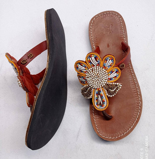 Handmade African Beaded Sandals/Authentic Maasai-Style Leather Flip-Flops Women/Boho Beach Sandals/Comfortable Summer Sandal African Gifts