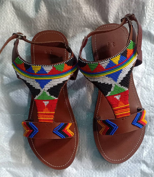 Handmade African Beaded Sandals/Authentic Maasai-Style Leather Flip-Flops Women/Boho Beach Sandals/Comfortable Summer Sandal African Gifts