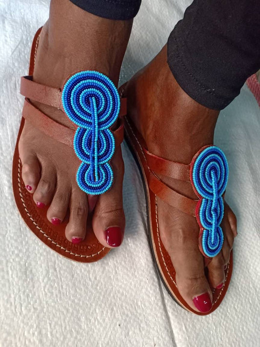 Handmade African Beaded Sandals/Authentic Maasai-Style Leather Flip-Flops Women/Boho Beach Sandals/Comfortable Summer Sandal African Gifts