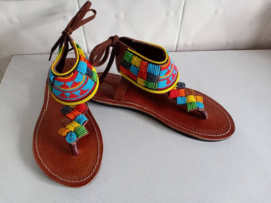 Handmade African Beaded Sandals/Authentic Maasai-Style Leather Flip-Flops Women/Boho Beach Sandals/Comfortable Summer Sandal African Gifts