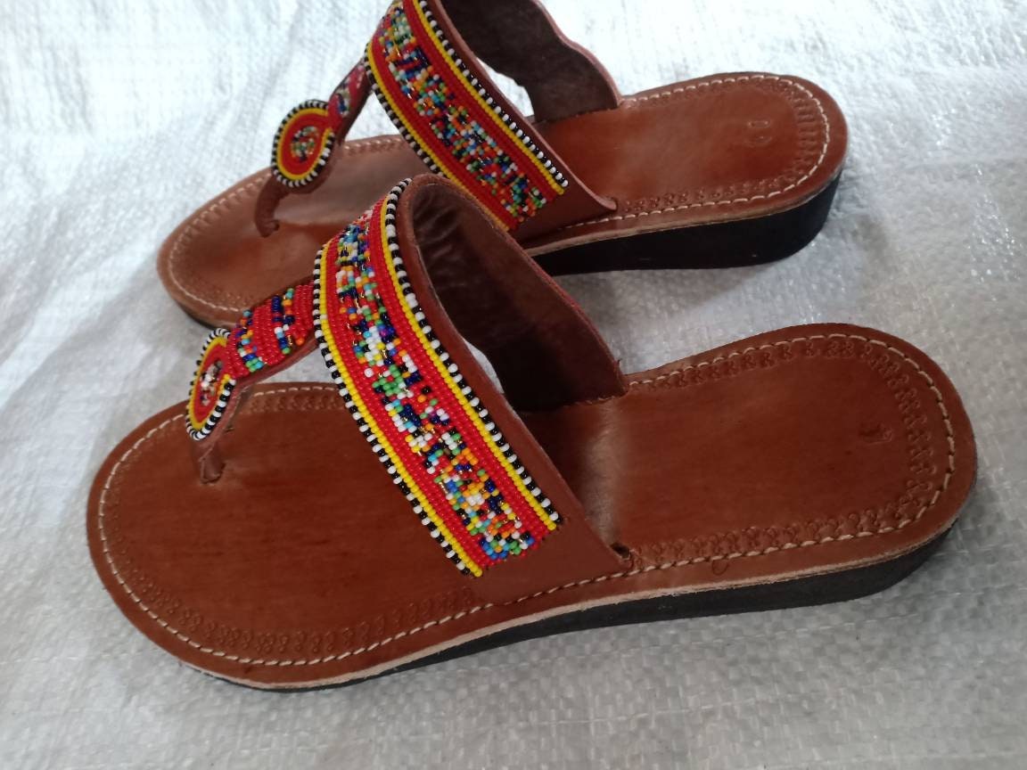 Handmade African Beaded Sandals/Authentic Maasai-Style Leather Flip-Flops Women/Boho Beach Sandals/Comfortable Summer Sandal African Gifts