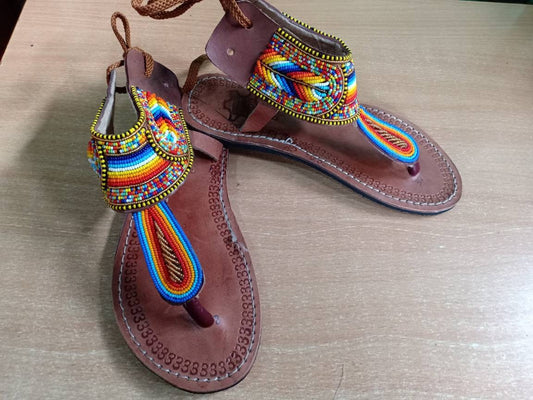 Handmade African Beaded Sandals/Authentic Maasai-Style Leather Flip-Flops Women/Boho Beach Sandals/Comfortable Summer Sandal African Gifts