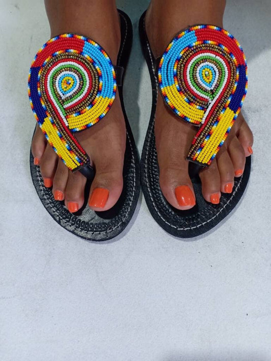 Handmade African Beaded Sandals/Authentic Maasai-Style Leather Flip-Flops Women/Boho Beach Sandals/Comfortable Summer Sandal African Gifts