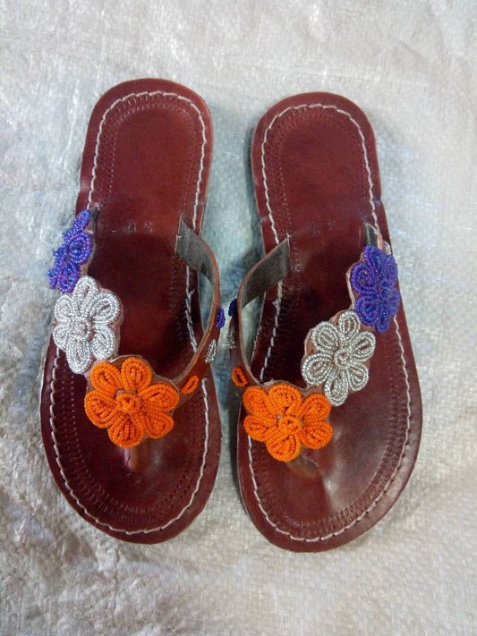 Handmade African Beaded Sandals/Authentic Maasai-Style Leather Flip-Flops Women/Boho Beach Sandals/Comfortable Summer Sandal African Gifts