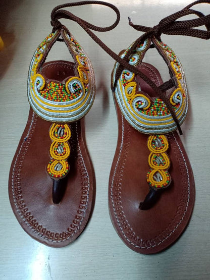 Handmade African Beaded Sandals/Authentic Maasai-Style Leather Flip-Flops Women/Boho Beach Sandals/Comfortable Summer Sandal African Gifts