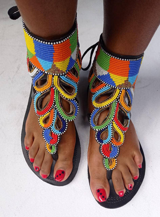 Handmade African Beaded Sandals/Authentic Maasai-Style Leather Flip-Flops Women/Boho Beach Sandals/Comfortable Summer Sandal African Gifts