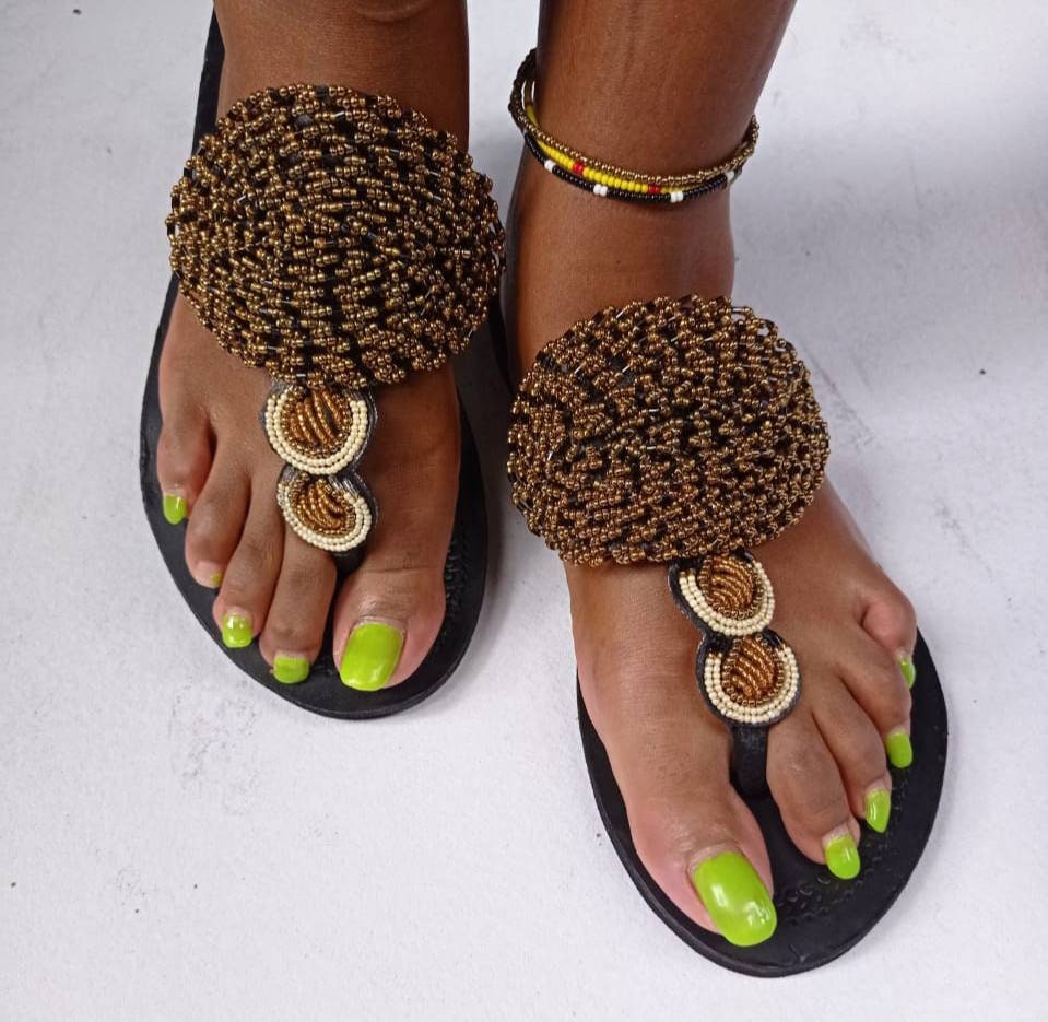 Handmade African Beaded Sandals/Authentic Maasai-Style Leather Flip-Flops Women/Boho Beach Sandals/Comfortable Summer Sandal African Gifts