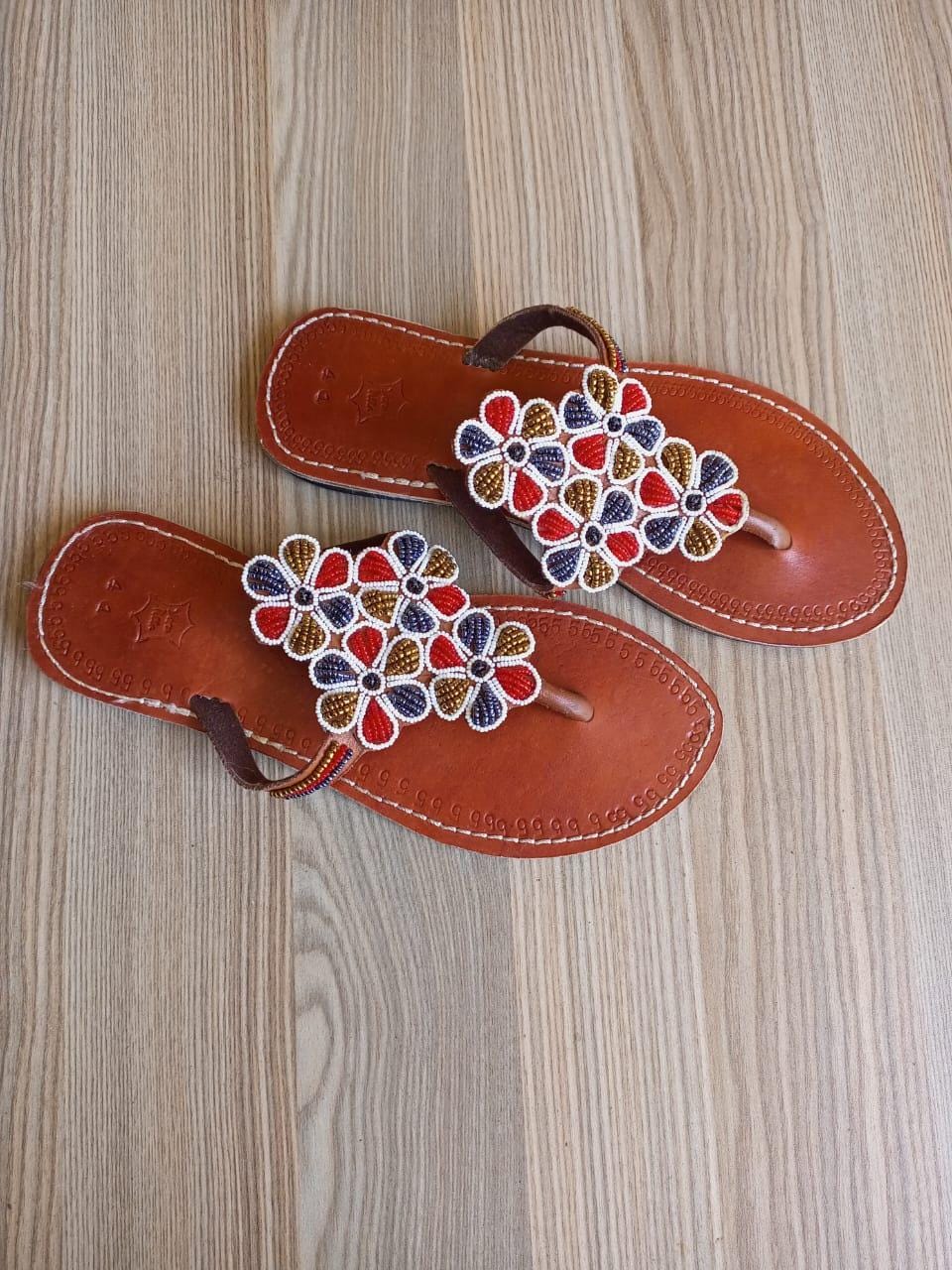 Handmade African Beaded Sandals/Authentic Maasai-Style Leather Flip-Flops Women/Boho Beach Sandals/Comfortable Summer Sandal African Gifts