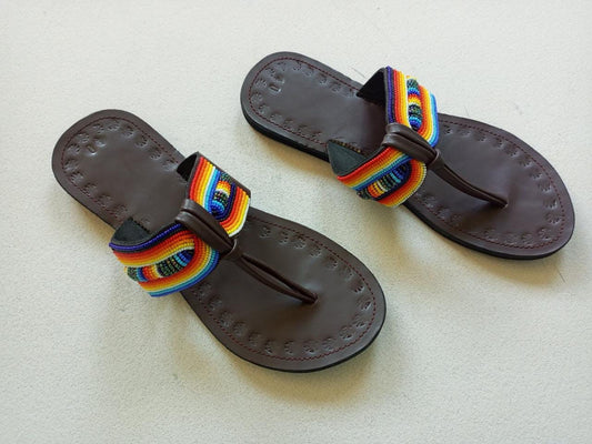 Handmade African Beaded Sandals/Authentic Maasai-Style Leather Flip-Flops Women/Boho Beach Sandals/Comfortable Summer Sandal African Gifts