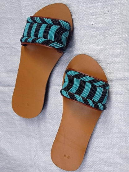 Handmade African Beaded Sandals/Authentic Maasai-Style Leather Flip-Flops Women/Boho Beach Sandals/Comfortable Summer Sandal African Gifts
