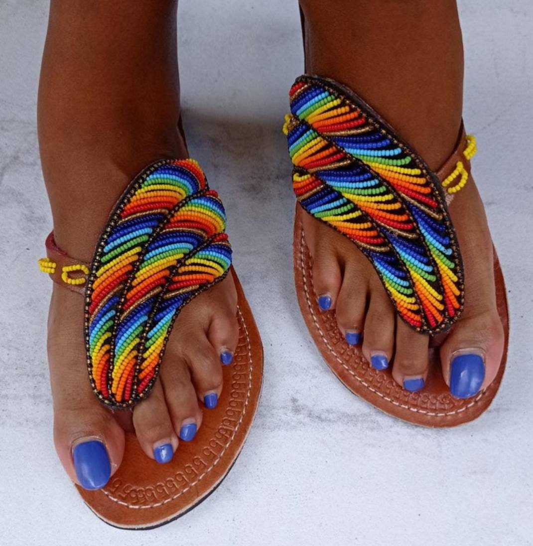 Handmade African Beaded Sandals/Authentic Maasai-Style Leather Flip-Flops Women/Boho Beach Sandals/Comfortable Summer Sandal African Gifts