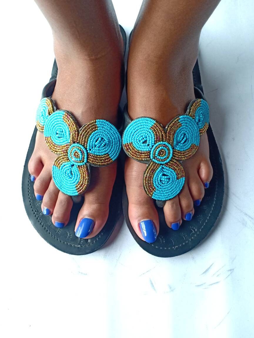Handmade African Beaded Sandals/Authentic Maasai-Style Leather Flip-Flops Women/Boho Beach Sandals/Comfortable Summer Sandal African Gifts