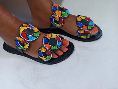 Handmade African Beaded Sandals/Authentic Maasai-Style Leather Flip-Flops Women/Boho Beach Sandals/Comfortable Summer Sandal African Gifts