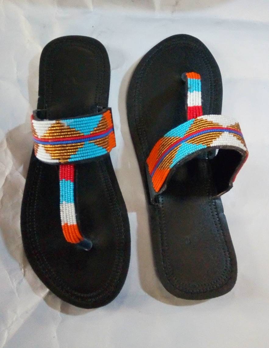 Handmade African Beaded Sandals/Authentic Maasai-Style Leather Flip-Flops Women/Boho Beach Sandals/Comfortable Summer Sandal African Gifts